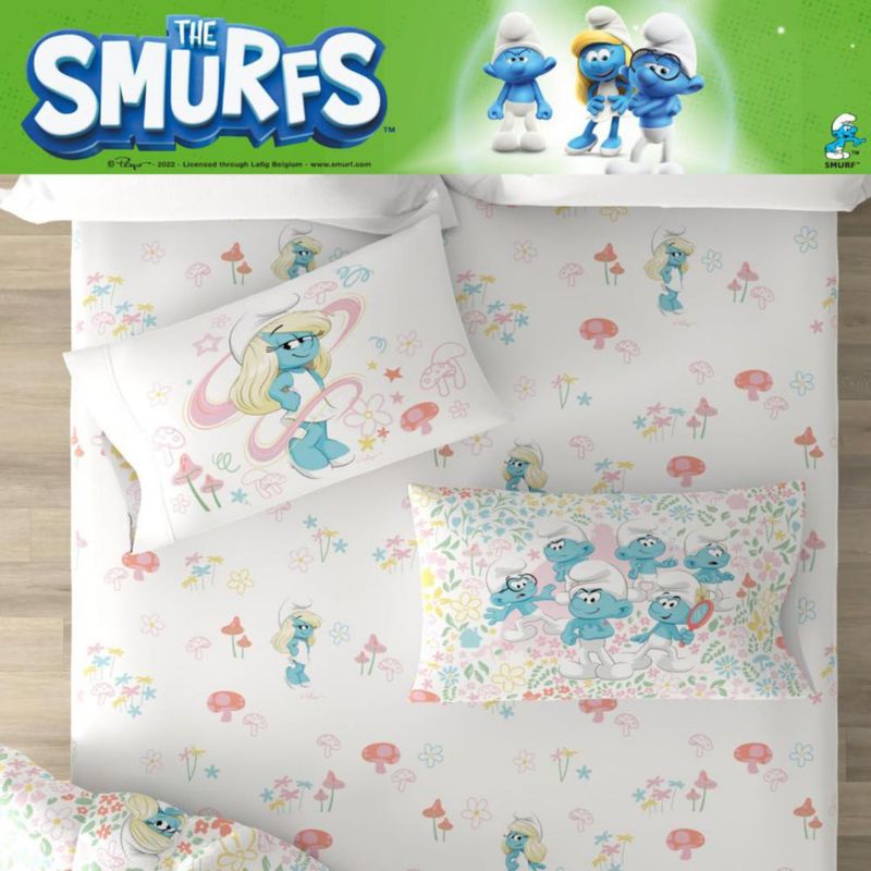 Juego de cama Franco Pitufina tamaño individual 5 piezas microfibra rosa