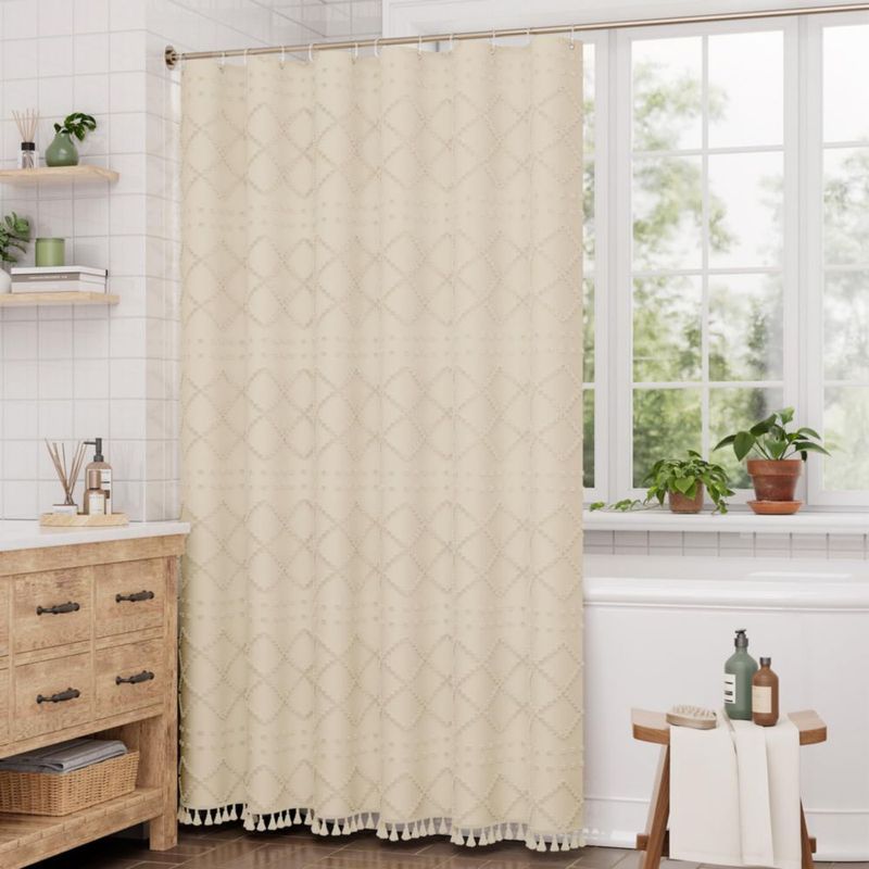 Cortina de Ducha Boho Farmhouse AmazerBath 183 cm Beige con Borlas