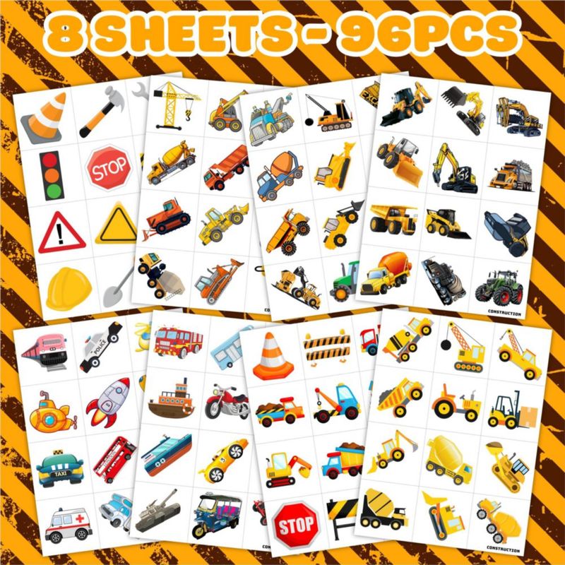 Tatuajes temporales 96 uds – Vehículos de construcción para fiesta infantil