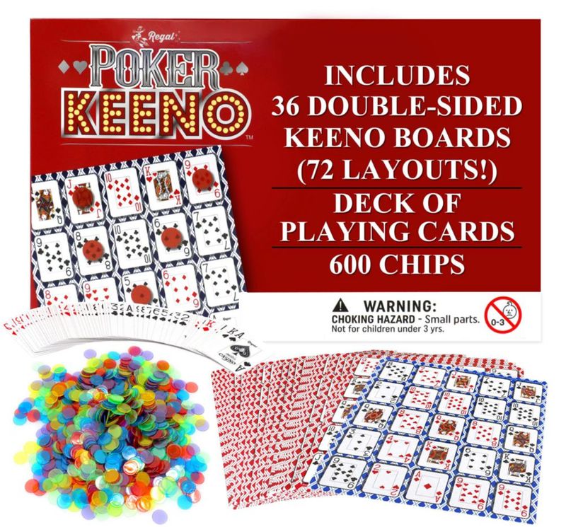 Juego de cartas Regal Games Poker Keeno con 12 tableros y 200 fichas