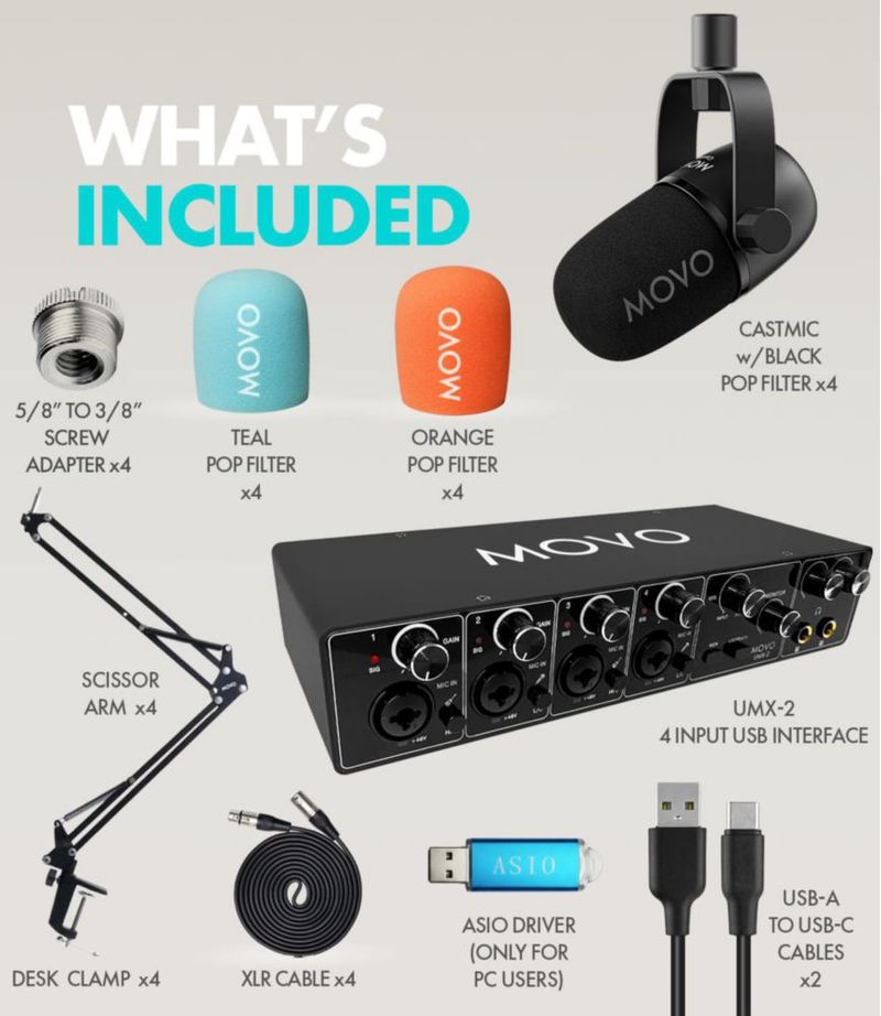 Kit de Podcast Movo para 4 Personas con Audio USB