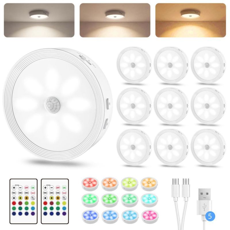 Luz Puck Besttour Pack de 10 con Sensor de Movimiento y Control Remoto