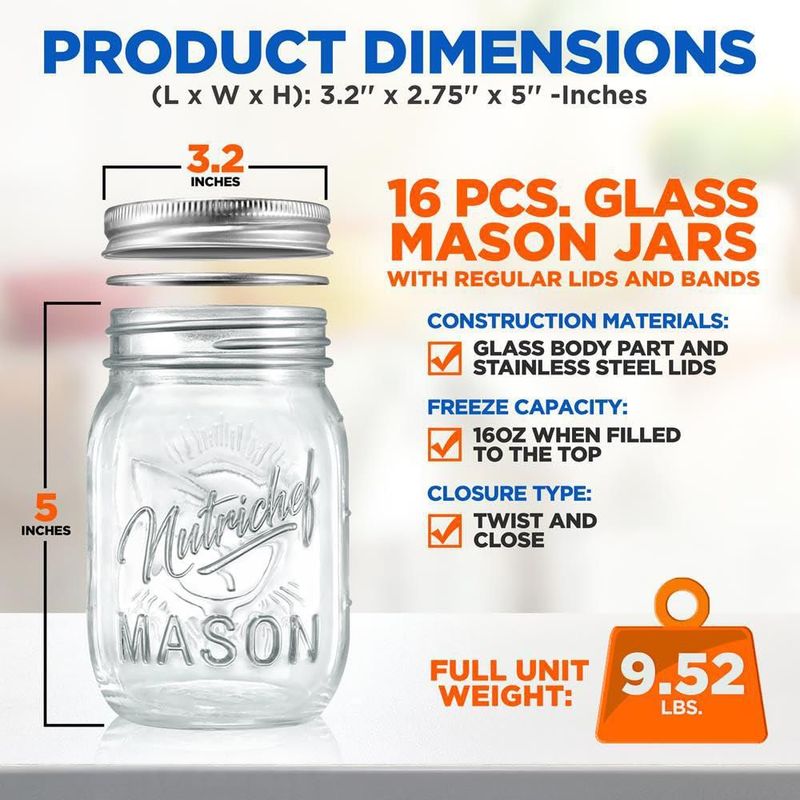 Set de 16 Frascos Mason NutriChef para Almacenamiento de Alimentos de 470 ml