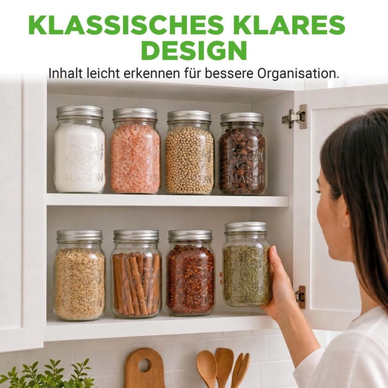 Set de 16 Frascos Mason NutriChef para Almacenamiento de Alimentos de 470 ml