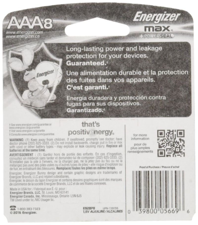 Pilas Alcalinas Energizer E92BP-8 AAA Paquete de 8