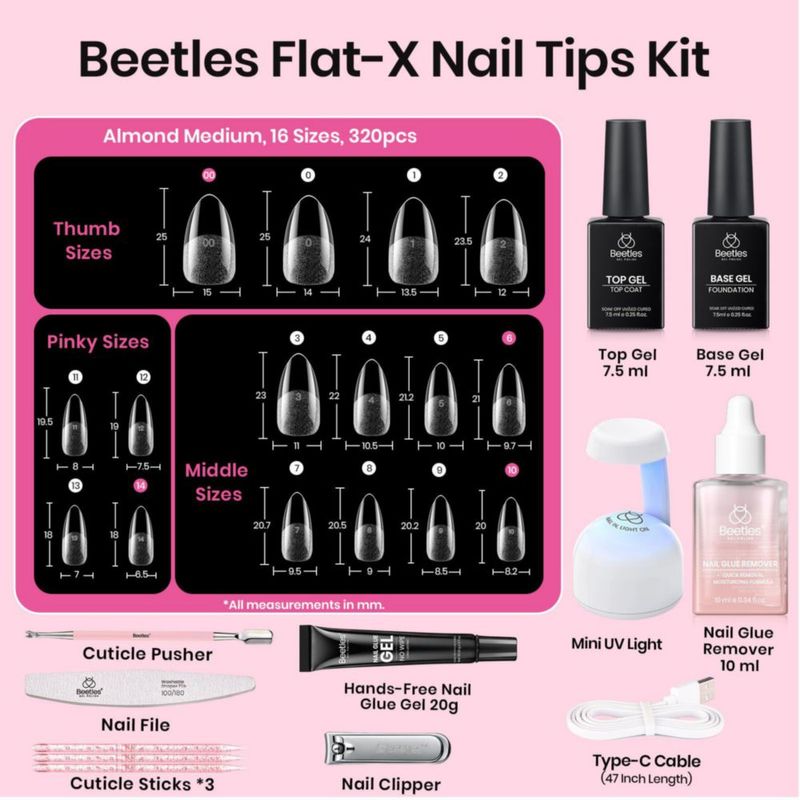 Kit de gel para uñas beetles Flat‑X Almond 320 piezas de puntas