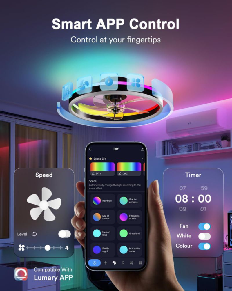 Ventilador de techo inteligente Lumary 20" RGBAI LED Alexa Google