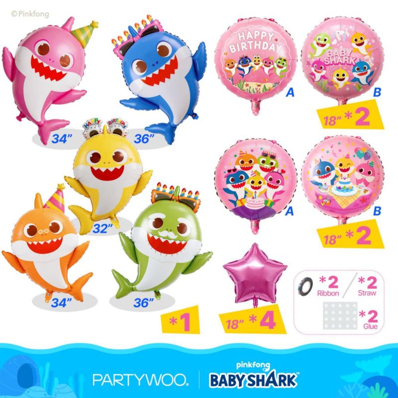 PartyWoo Globos de Foil Baby Shark 13 piezas Rosa con Estrellas