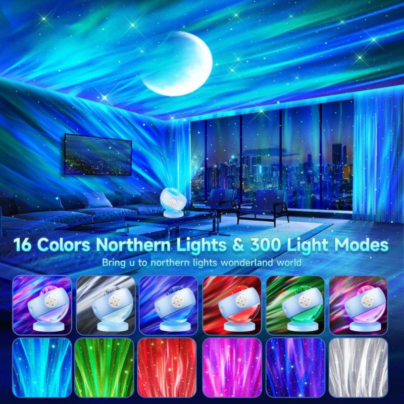 COOLNIGHT Proyector de Luz Ambiental y Máquina de Sonido Aurora con 30 sonidos 16 colores estrellas y luces del norte control remoto y temporizador