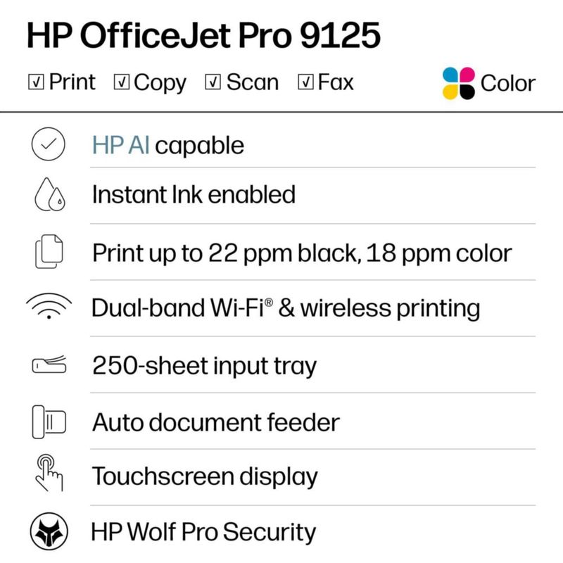 Impresora HP OfficeJet Pro 9125 Multifuncional Color Inalámbrica