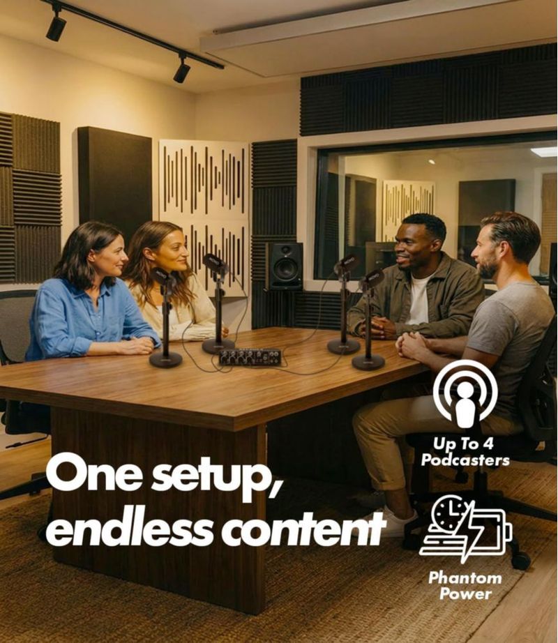 Kit de Podcast Movo para 4 Personas con Interfaz USB y 4 Micrófonos