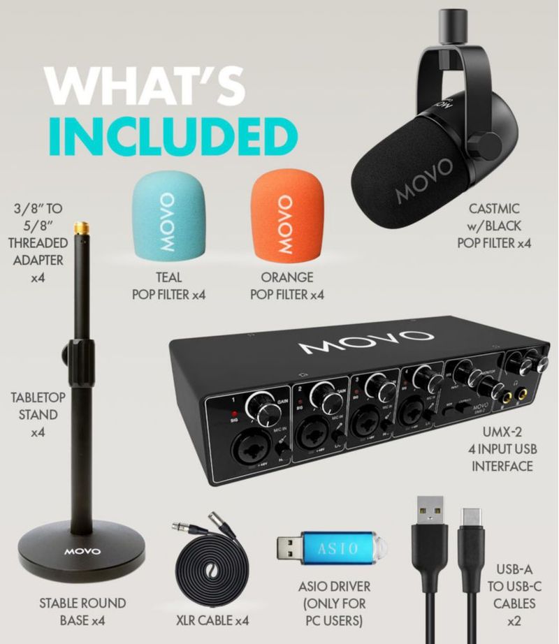 Kit de Podcast Movo para 4 Personas con Interfaz USB y 4 Micrófonos