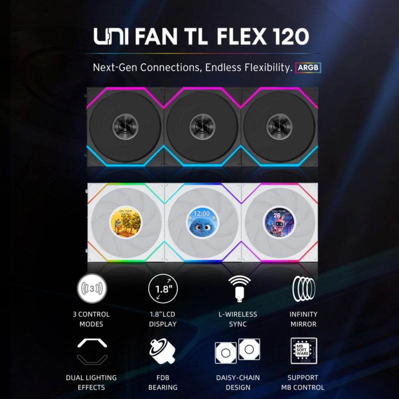 Ventilador Lian Li UNI TL LCD 120 ARGB PWM (Pack de 3) Blanco