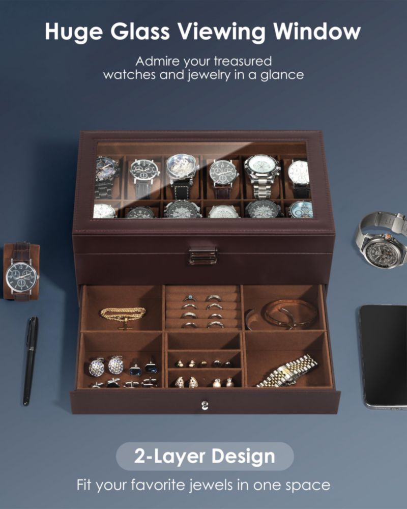 Caja de Relojes para Hombre Kukikan de 12 Ranuras y 2 Niveles Marrón Cuero PU