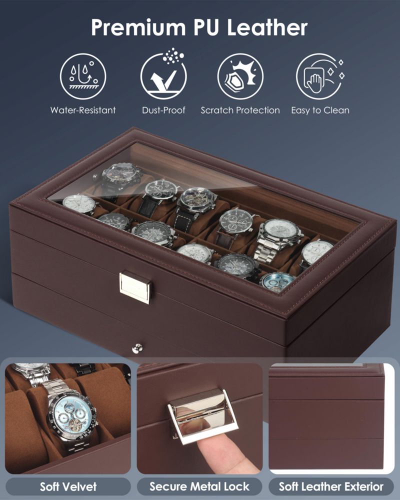 Caja de Relojes para Hombre Kukikan de 12 Ranuras y 2 Niveles Marrón Cuero PU