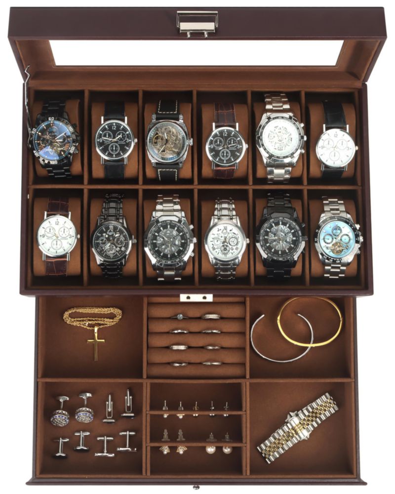Caja de Relojes para Hombre Kukikan de 12 Ranuras y 2 Niveles Marrón Cuero PU