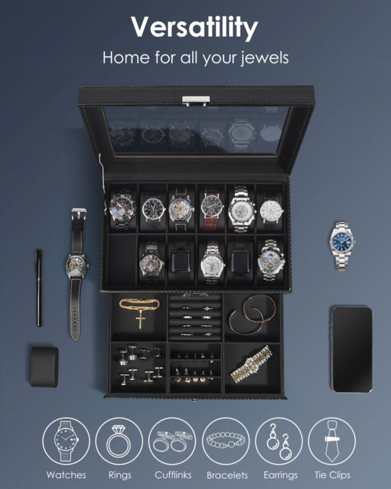 Caja para Relojes Kukikan de 12 Ranuras 2 Niveles Todo Negro