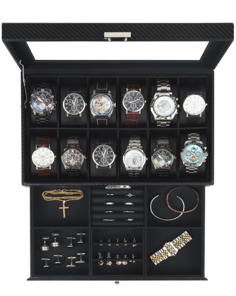 Caja para Relojes Kukikan de 12 Ranuras 2 Niveles Todo Negro
