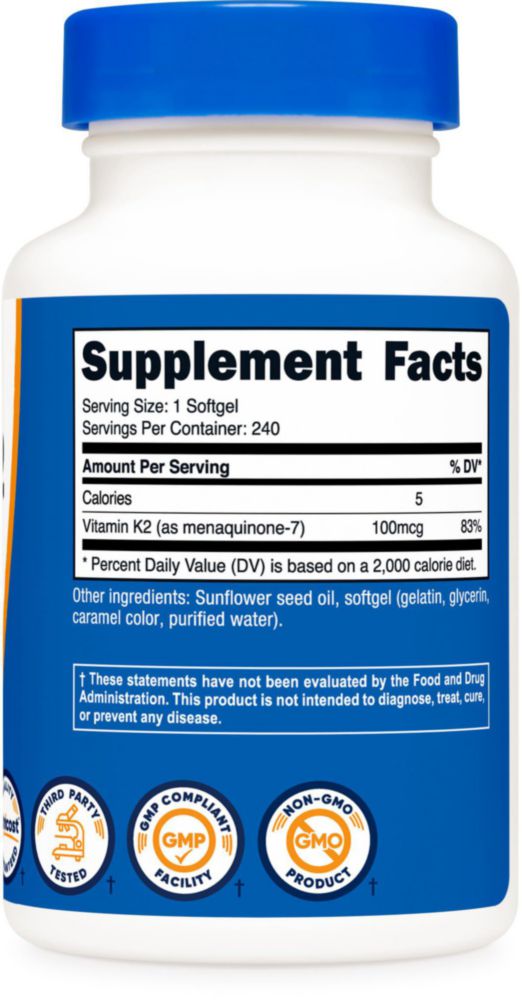 Suplemento Nutricost de vitamina K2 MK-7 100 mcg 240 cápsulas blandas