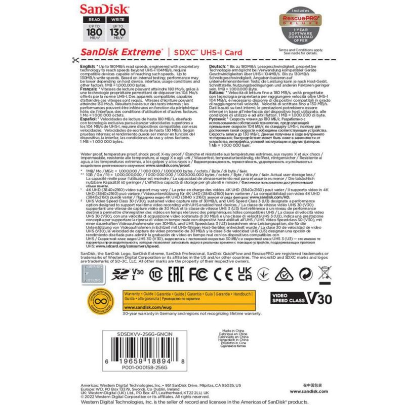 Tarjeta SDXC Sandisk Extreme 256GB Clase 3 UHS-I U3