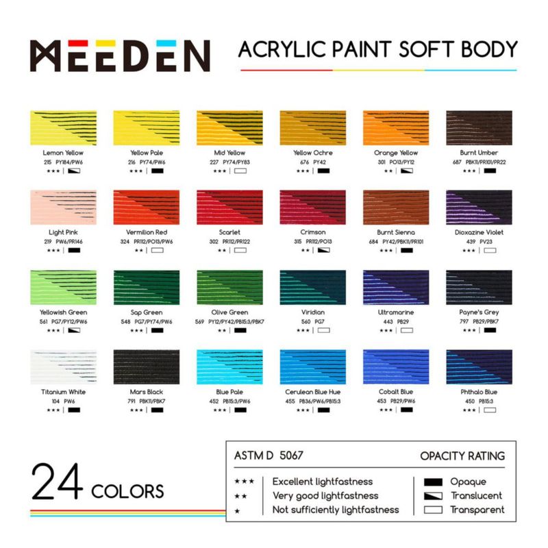 Set de Pintura Acrílica de Cuerpo Suave MEEDEN 24 Colores 60 ml