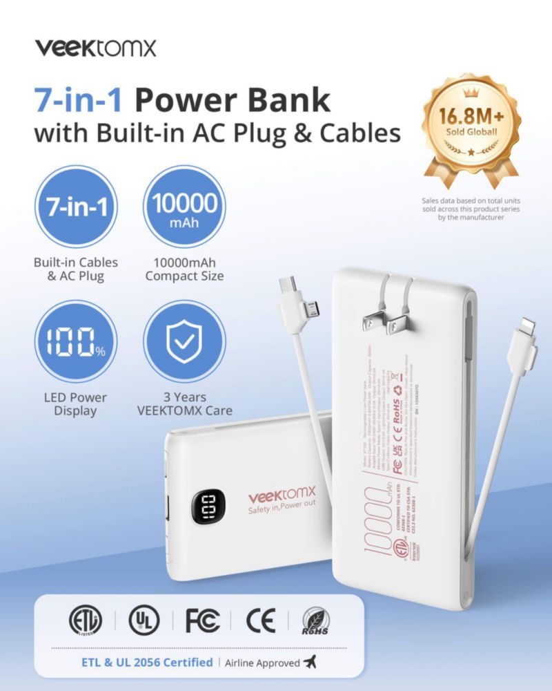 Power Bank VEEKTOMX 10000mAh USB-C con Cables Integrados