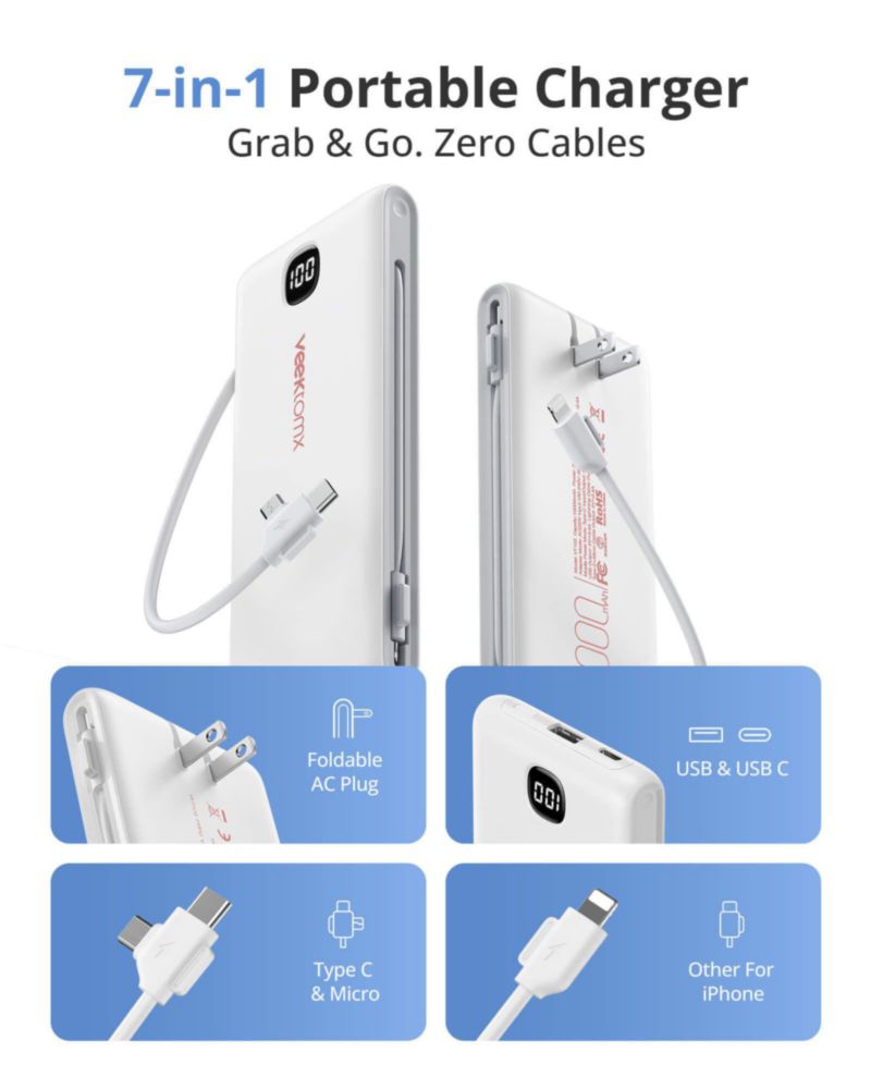 Power Bank VEEKTOMX 10000mAh USB-C con Cables Integrados