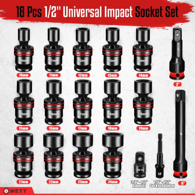 Juego de Dados Universal Métrico de 18 Piezas con Accionamiento de 1/2" WETT