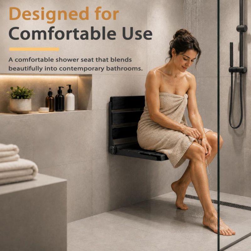 Asiento de Ducha Plegable Koretech de Teca Acero Inoxidable Negro