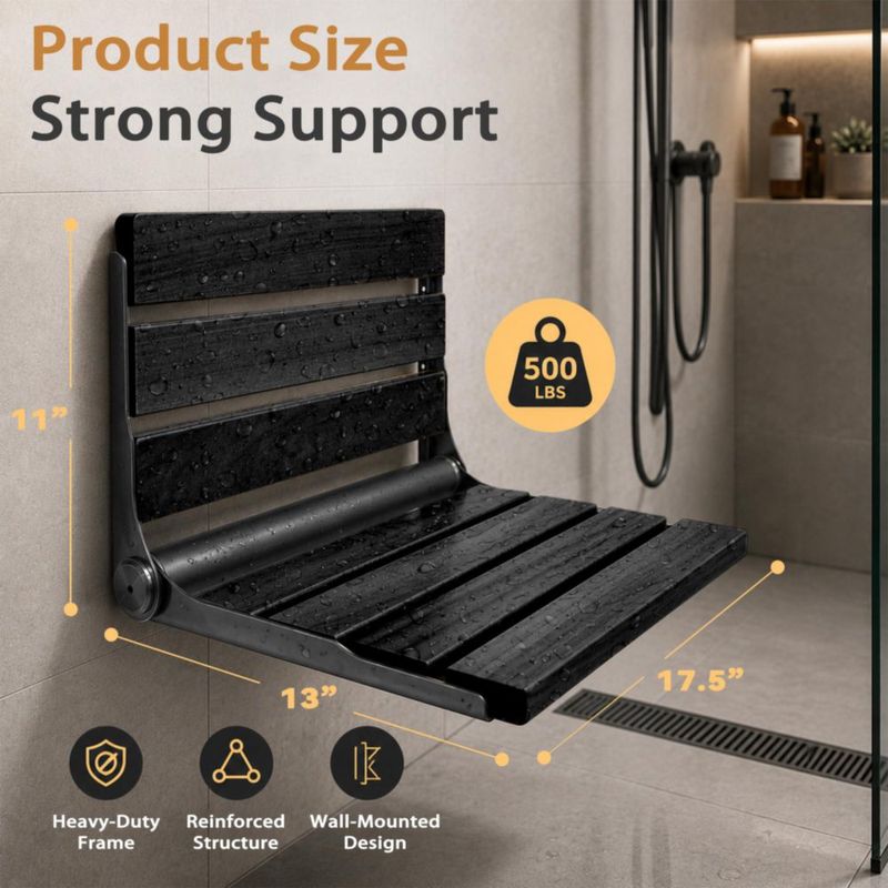 Asiento de Ducha Plegable Koretech de Teca Acero Inoxidable Negro