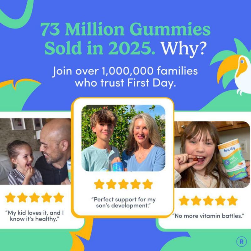 Gomitas Multivitamínicas para Niños FIRST DAY Edad 4+ Sabor Fresa Naranja