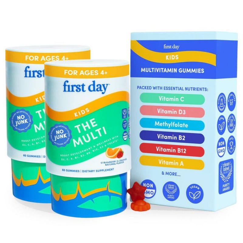 Gomitas Multivitamínicas para Niños FIRST DAY Edad 4+ Sabor Fresa Naranja