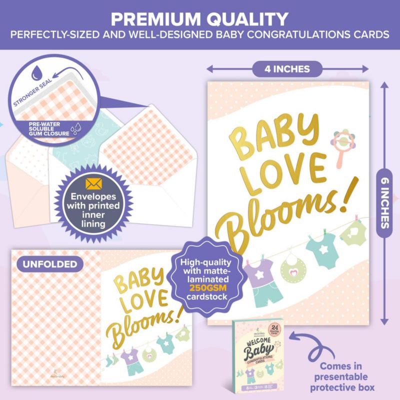 Tarjetas de felicitación para bebé Decorably 24 unidades 10 × 15 cm foil dorado