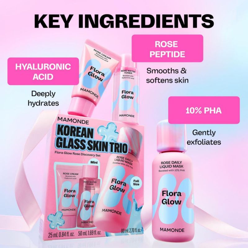 Set Trío de Cuidado Facial MAMONDE: Mascarilla Líquida Tónico y Crema Hidratante de Rosa