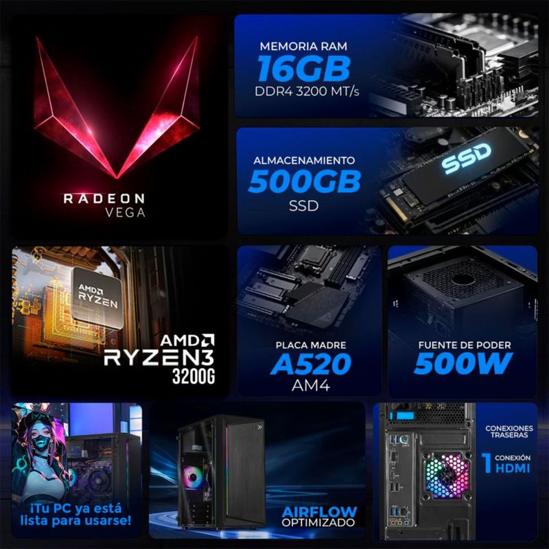 Xtreme PC Gaming Vega 8 Ryzen 3 16GB SSD 500GB WIFI Black