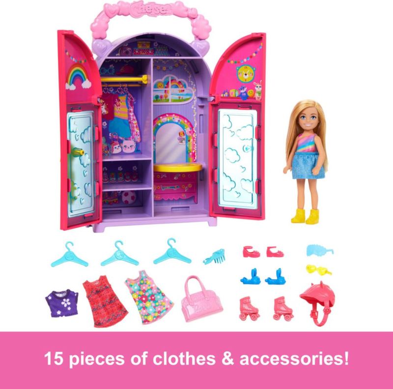 Toy Playset Barbie Chelsea para muñecas y armario con 15 prendas