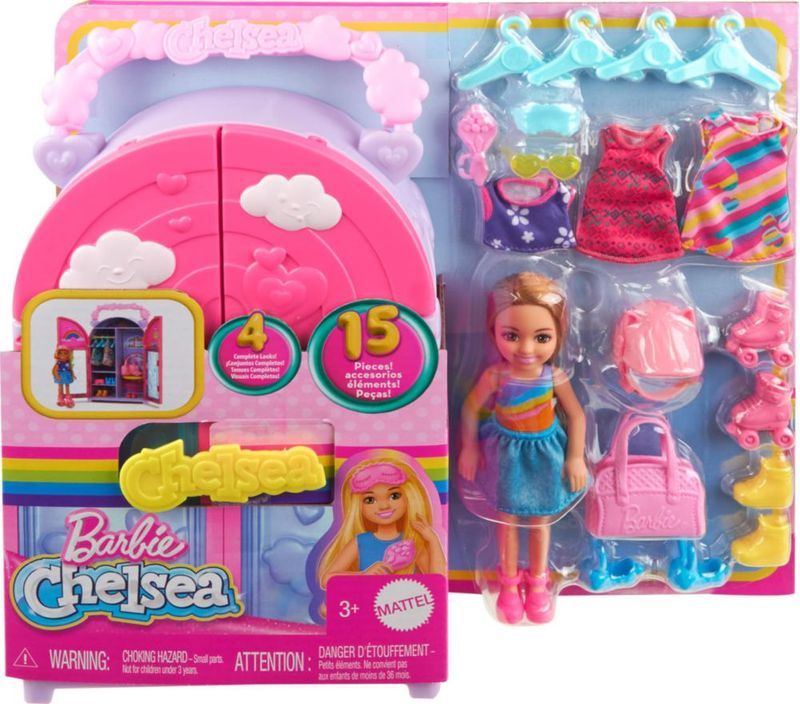 Toy Playset Barbie Chelsea para muñecas y armario con 15 prendas