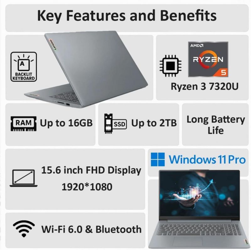 Portátil Lenovo Ryzen 3 156" Full HD 16 GB RAM 256 GB SSD Windows 11