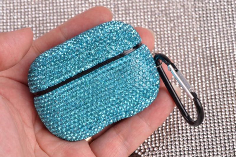 Funda AXCUWS para AirPods Pro 1 y 2 con pedrería azul mar y llavero
