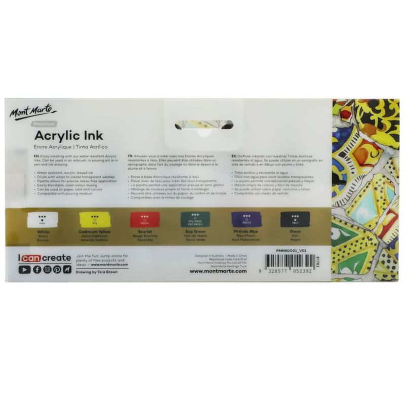 Set de Tintas Acrílicas Mont Marte 6 piezas x 20 ml Colores Esenciales