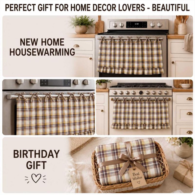Cortina FancyCow para Horno Beige a Cuadros con Cierre de Lazo