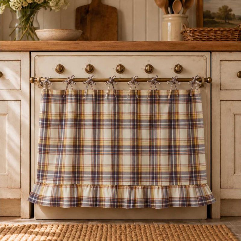 Cortina FancyCow para Horno Beige a Cuadros con Cierre de Lazo
