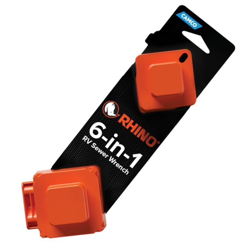 Llave de alcantarillado Camco RhinoFlex 6 en 1 para autocaravanas naranja compacta