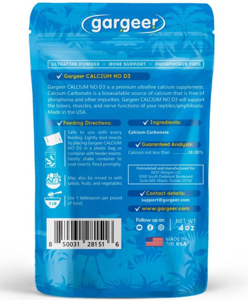 Suplemento de calcio para reptiles Gargeer 113 g sin D3 ultra fino