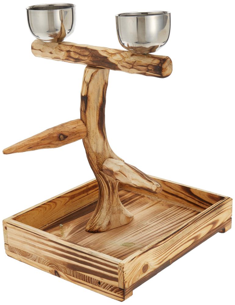 Posadero para pájaros Penn-Plax Medium de madera natural con tazones