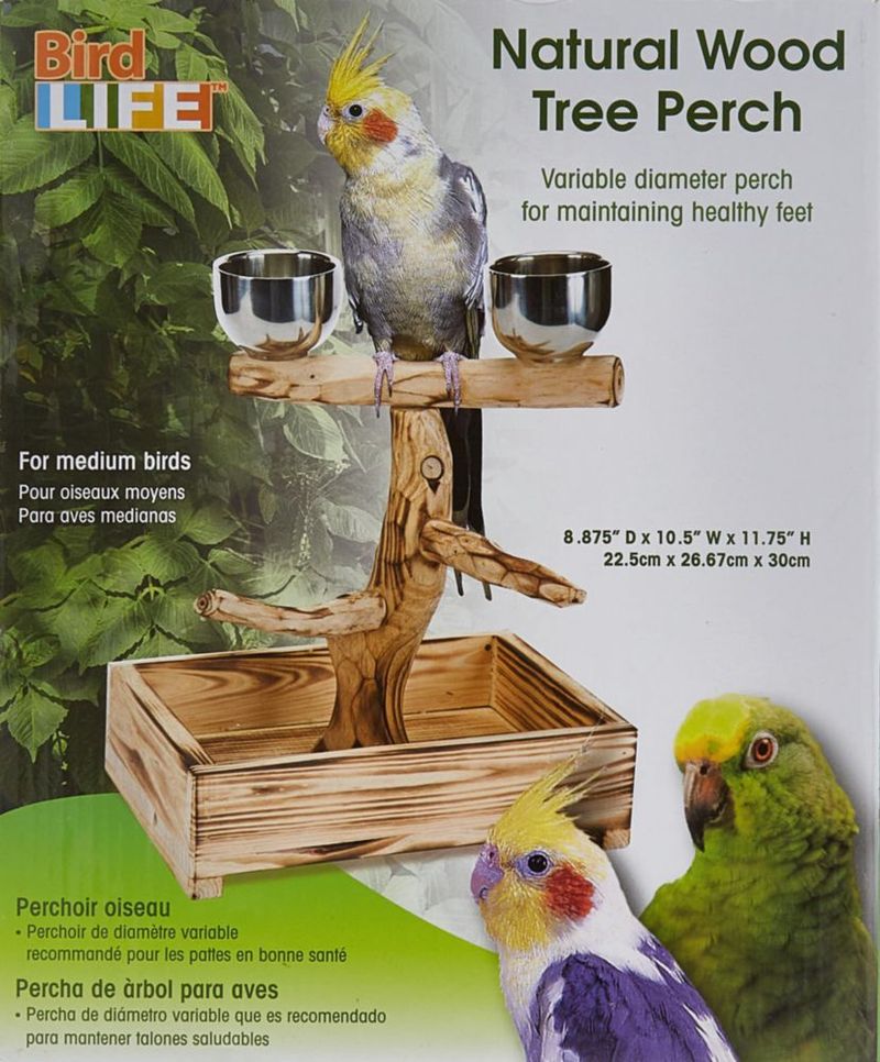 Posadero para pájaros Penn-Plax Medium de madera natural con tazones