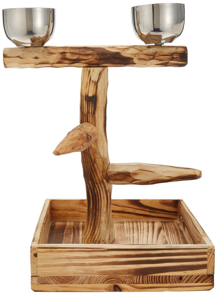 Posadero para pájaros Penn-Plax Medium de madera natural con tazones