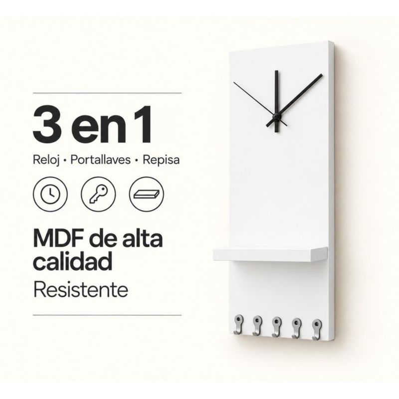 Estante Reloj Organizador De Pared Multiusos Con 5 Ganchos Blanco