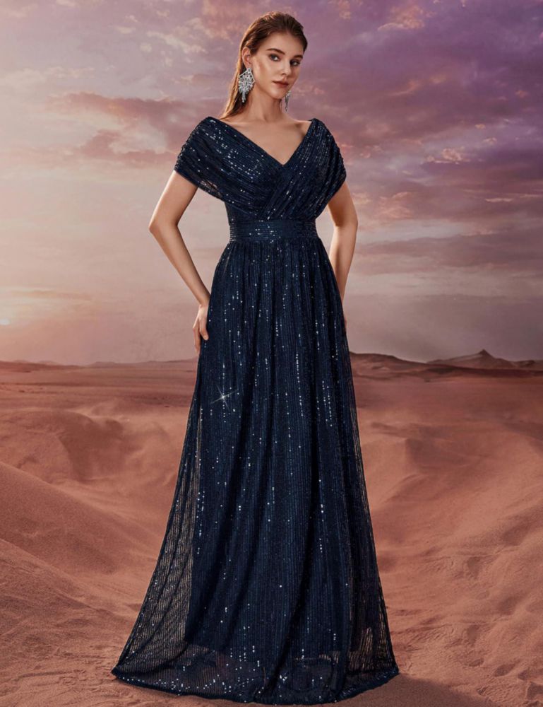 Vestido de escote en V manga corta corte línea A azul marino