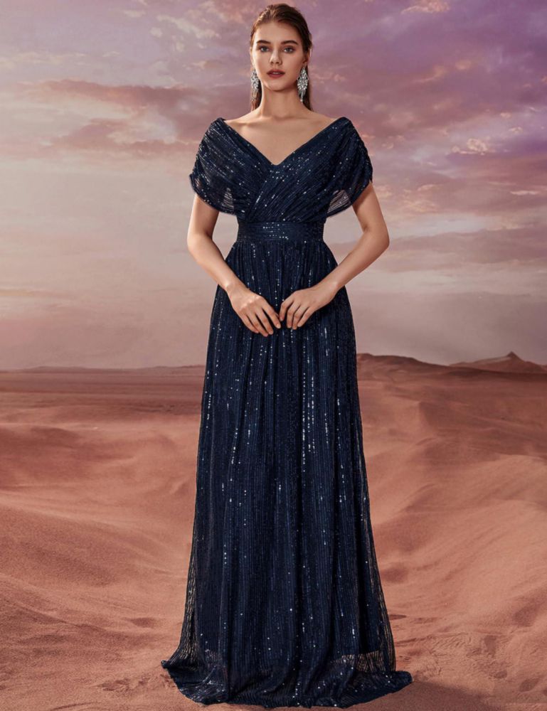 Vestido de escote en V manga corta corte línea A azul marino